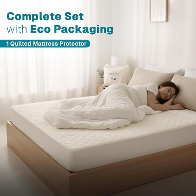 FABDREAMS Organic Quilted Mattress Protector Full Size | Mattress Pad| Mattress Cover| Naturally Breathable | Noiseless| Fits up to 17" Deep Pockets| Temperature Regulating | Ivory
