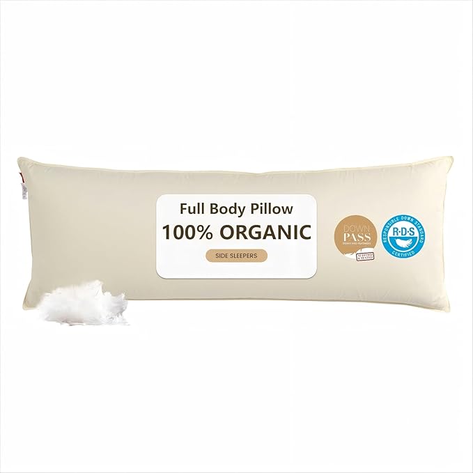 Goose Down Body Pillows for Adults, Large Body Pillow for Side Sleeper, Cooling Hugging Feather Body Pillow Insert, 20x54 Full Length Long Pillow for Bed with 100% Organic Cotton Shell, Off-White