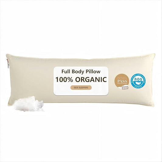 Goose Down Body Pillows for Adults, Large Body Pillow for Side Sleeper, Cooling Hugging Feather Body Pillow Insert, 20x54 Full Length Long Pillow for Bed with 100% Organic Cotton Shell, Off-White
