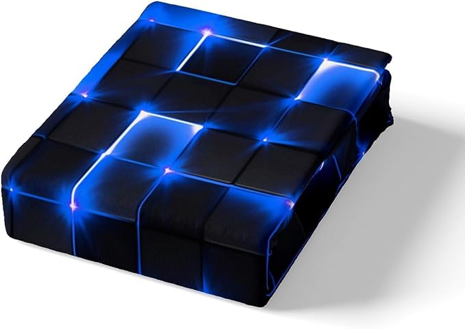 Castle Fairy Geometric Duvet Cover Set Full Size,3D Abstract Modern Square Grid Print Comforter Cover with 2 Pillowcases,Shiny Blue Neon Light Black Breathable Bedspread for Boys Teens
