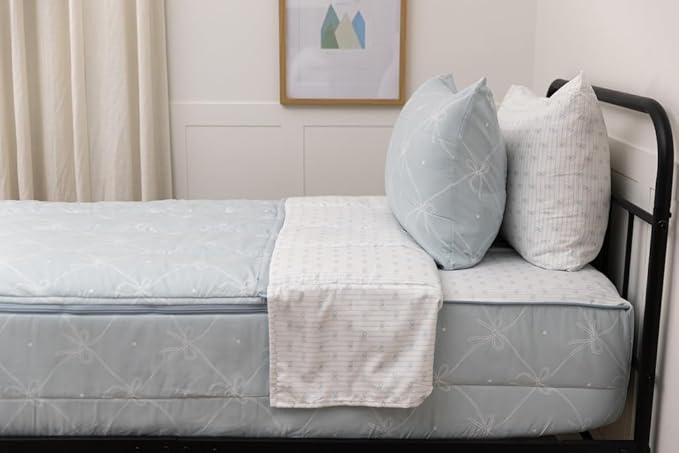 Beddy's Bow & Ribbon Themed Durable Zipper Bedding for Kids, Bed in a Bag, Baby Blue Comforter & White Pinstripe Sheets, Includes Pillowcase & Pillow Sham, Easy to Make & Wash