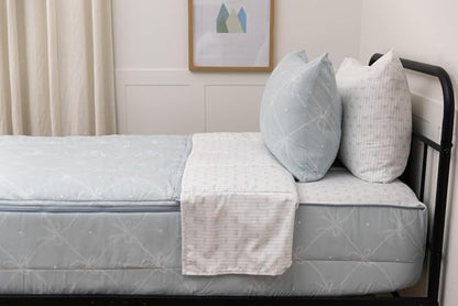 Beddy's Bow & Ribbon Themed Durable Zipper Bedding for Kids, Bed in a Bag, Baby Blue Comforter & White Pinstripe Sheets, Includes Pillowcase & Pillow Sham, Easy to Make & Wash