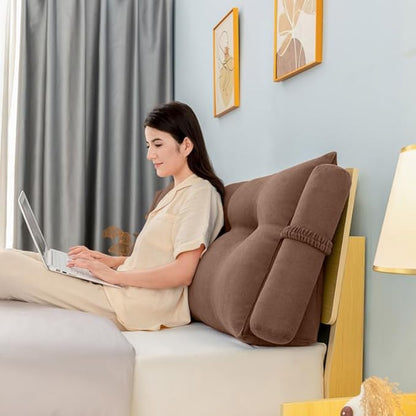 Triangular Reading Bed Rest Pillow Large Bolster Cushion Headboard Backrest Wedge Pillow with Two Detachable Roll Pillows for Neck & Lumbar Support (Coffee, King: 77 x 8 x20 inches)