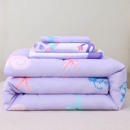 URBONUR 4-Piece Toddler Bedding Set - Ultra Soft Cartoon Mermaid Girls Toddler Comforter Set Coral Starfish - Include Comforter, Flat Sheet, Fitted Sheet and Reversible Pillowcase, Purple Mermaid