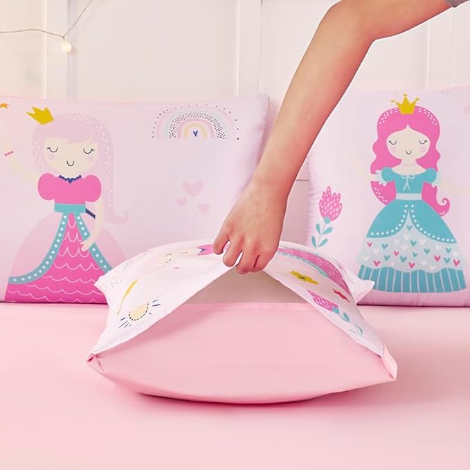 ANGIYUIN 6Pcs Pink Princess Kids Comforter Set Full Cute Rainbow Girl Bed in A Bag Fairy Tales Castle Bedding Set(1 Comforter, 1 Flat Sheet, 1 Fitted Sheet, 2 Pillowcases,1 Square Pillowcases)
