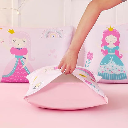 ANGIYUIN 6Pcs Pink Twin Size Comforter Set for Girls Princess Bedding Fairy Tales Castle Kids Bed in A Bag with Sheets Cute Soft Printed Girl Bedding Set for All Season
