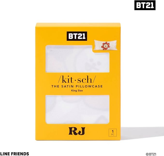 Kitsch x BT21 Satin Pillowcase with Zipper – Better Than Silk Pillowcase, RJ Character & Funky Floral Print – Soft Cooling Toddler Bed Time Pillow Case for Hair & Skin – King Size 19x36