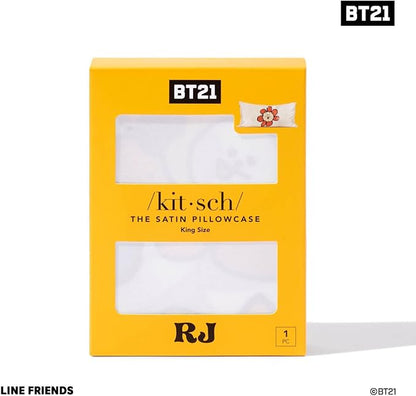 Kitsch x BT21 Satin Pillowcase with Zipper – Better Than Silk Pillowcase, RJ Character & Funky Floral Print – Soft Cooling Toddler Bed Time Pillow Case for Hair & Skin – King Size 19x36