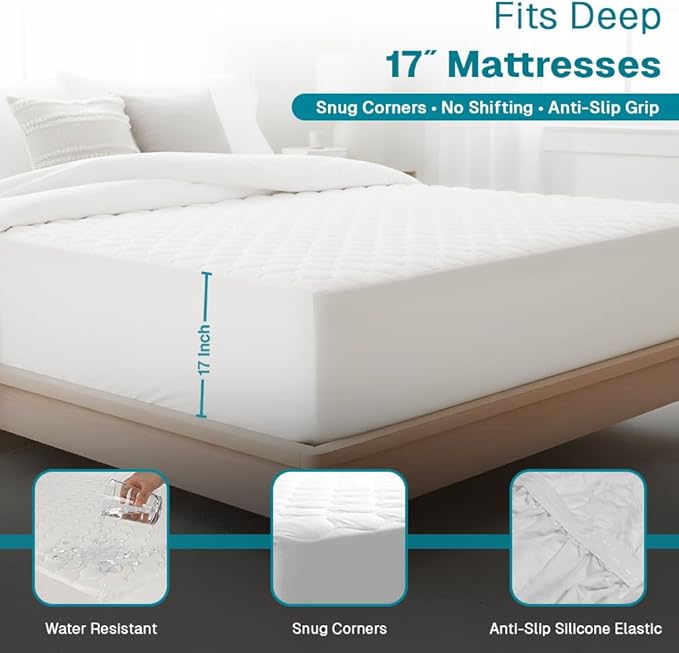 FABDREAMS Organic Quilted Mattress Protector Twin XL Size | Mattress Pad| Mattress Cover| Naturally Breathable | Noiseless| Fits up to 17" Deep Pockets| Temperature Regulating | White