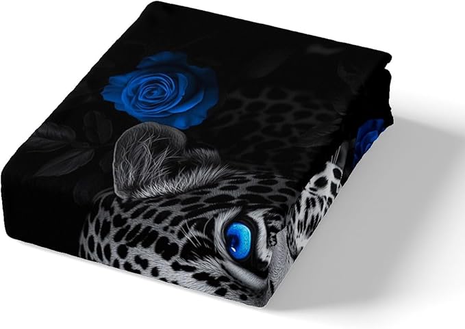 Leopard Duvet Cover Set Queen Size, Wildlife Animal Bedding Set for Teens Kids Boys Girls,Blue Rose Flowers Soft Microfiber Comforter Cover with 2 Pillowcases Dorm Decor Quilt Cover 3Pcs