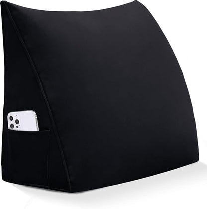 Wedge Headboard Reading Pillow for Bed Velvet Triangular Backrest Bolster Pillow for Sitting Up Daybed Cushion Lumbar Body Support Positioning for Headboard, Couch, Dorm, Black