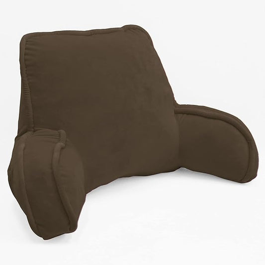 Super Soft Velvety Backrest Reading Bed Rest Pillow with Arms and Pockets 18" H for Sitting in Bed Couch Sofa, Back Support Wedge Cushion with Removable Cover, 20" x 18" x17", Coffee Brown