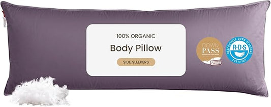 Goose Down Body Pillows for Adults, Large Body Pillow for Side Sleeper, Hugging Feather Body Pillow Insert, Cooling Full Length Long Pillow for Bed with 100% Organic Cotton Shell, Blackcurrant 20"x54"