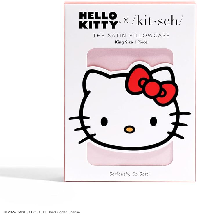 Kitsch x Hello Kitty Pillow Case – Pink Kitty Face Toddler Bed Time Satin Pillowcase with Zipper – Soft Cooling Pillow Cover for Hair & Skin – Better Than Silk Pillowcase – King Size 19x36