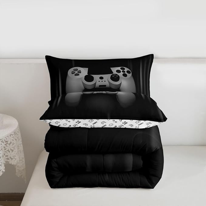 Feelyou Boys Gamer Comforter Set Full Size Bedding Set for Kids Gaming Comforter Gray Black Video Games Gamepad Room Decor for Teens Child Super Soft Geometric Duvet Quilted Son Grandson Gift