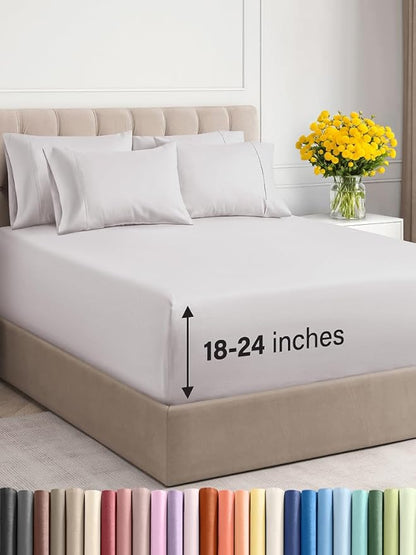 Extra Deep Full Sheet Set - 6 Piece Breathable & Cooling Sheets - Hotel Luxury Bed Sheets Set - Easy & Secure Fit - Soft, Wrinkle Free & Comfy Sheets Set - French Grey Sheet Set w/Extra Deep Pockets