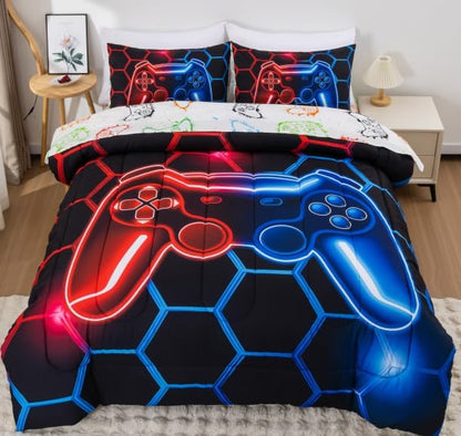 NTBED Game Console Comforter Set for Boys Girls Kids 3D Gaming Geometric Lightweight Microfiber Gamer Bedding Sets (Red Blue, Twin 5Pcs)