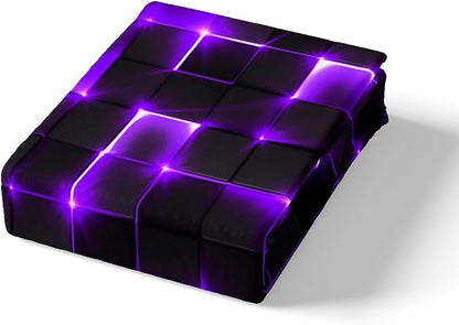 Castle Fairy Abstract Duvet Cover Set Full Size,3D Modern Cool Geometric Grid Square Comforter Cover with 2 Pillowcases,Shiny Purple Neon Light Black Breathable Bedspread for Boys Teens