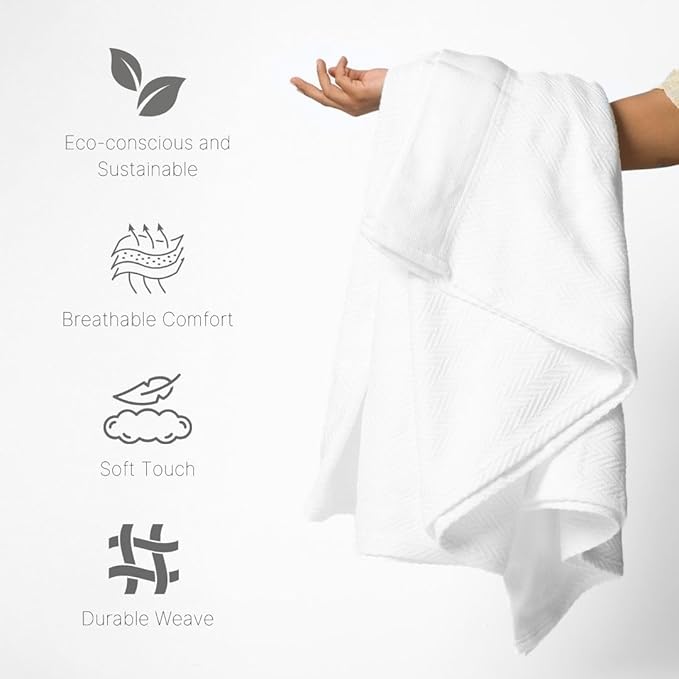 100% Cotton Herringbone Weave Blankets, 66"X90" Twin, Throw Blanket for Bed, All Season Cotton Blanket, Cozy Blanket,Throws & Bed Blanket, Throw Blanket for Couch, Modern Home Decor - White