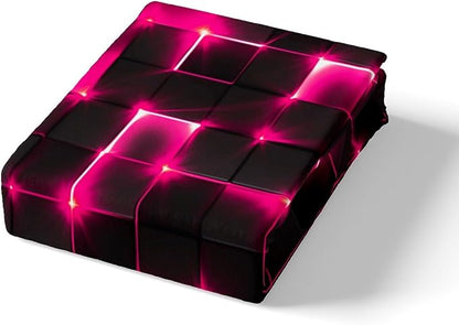 Castle Fairy Geometric Duvet Cover Set Full Size,3D Abstract Modern Square Grid Print Comforter Cover with 2 Pillowcases,Shiny Pink Neon Light Black Breathable Bedspread for Boys Teens