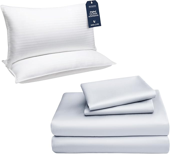 Beckham Hotel Collection Down Alternative Pillows & Cotton Sheets 4 Piece Set, 16" Deep Pocket, 2 Open End Pillowcases, King, White