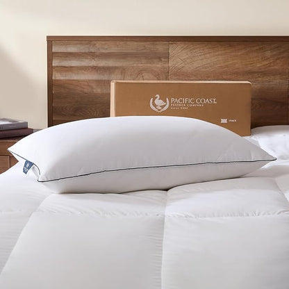 Pacific Coast Bed Pillow, Hotel Goose Feather and Down Pillow for Sleeping, Pillow with Classic Diamond Pattern, Medium Supportive, 100% Cotton Shell, Queen Size Set of 1