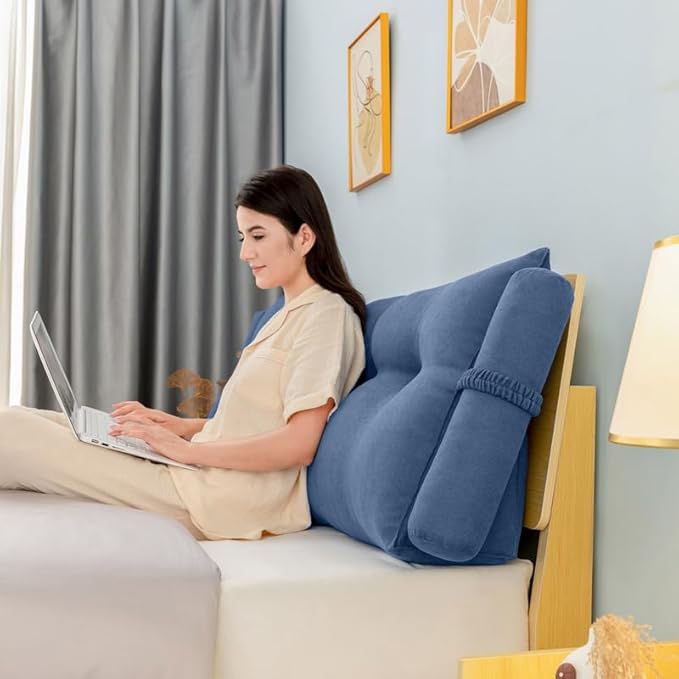 Triangular Reading Bed Rest Pillow Large Bolster Cushion Headboard Backrest Wedge Pillow with Two Detachable Roll Pillows for Neck & Lumbar Support (Ocean Blue, King: 77 x 8 x20 inches)