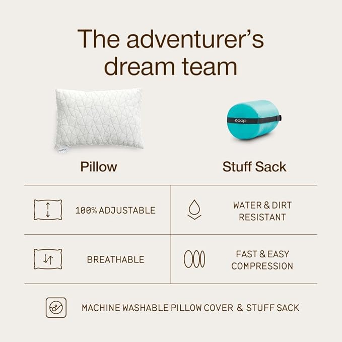 Coop Home Goods Original Travel and Camping Adjustable Pillow, Small Camping Pillow with Compressible Stuff Sack, Medium-Firm Memory Foam with Lulltra Washable Cover, CertiPUR-US Certified (19x13)