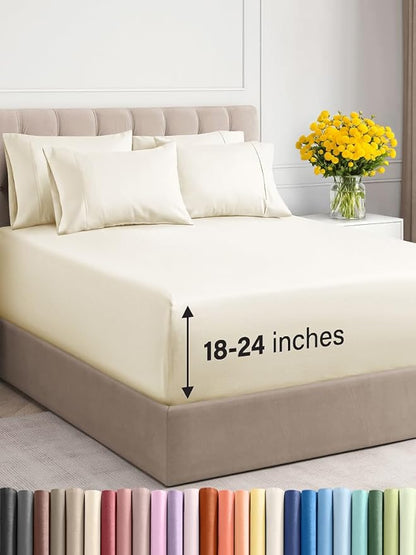 Extra Deep Cal King Sheet Set - 6 Piece Breathable and Cooling Sheets - Hotel Luxury Bed Sheets Set - Easy Fit - Soft, Wrinkle Free and Comfy Sheets Set - Off White Sheet Set with Extra Deep Pockets