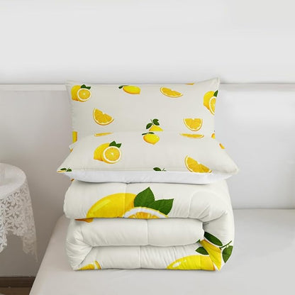 Lemon Comforter Set Twin Size,Yellow Fruit Print Duvet Insert for Kid Teen Boys Girls Room Decor,Summer Cool Quilted Duvet,Cartoon Lemon Quilt Cover with 1 Pillowcase