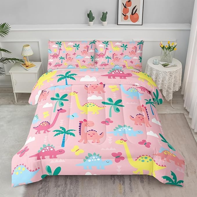 Axolotl Cute Dinosaur Comforter Set King,Colorful Dino Girls Bedding Set,Dinosaurs Animal Print Comforter,Botanical Palm Trees Bed,Butterfly Bedding for Kids Girls Teens,1 Quilt 2 Pillowcases,Pink
