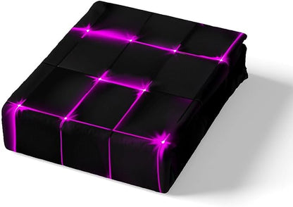 Castle Fairy Abstract King Duvet Cover Set, 3D Modern Plaid Square Grid Comforter Cover with 2 Pillowcases, Purple and Black Neon Light Lines Geometric Breathable Polyester Bedding Set for Kids Boys