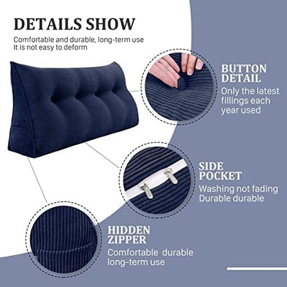 Wedge Headboard Pillow Dorm Room Reading Pillow Back Support for Sitting Up in Bed Bolster Lumbar Cushion Body Positioning Bedrest Corduroy (Navy Blue, Full (54 * 8 * 20in))