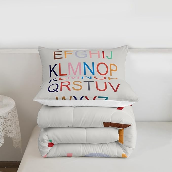 Teens 3D Alphabet Comforter Set Queen Size,Colorful Alphabet Bedding Set for Kids Boys Girls Bedroom Decoration,English Bed Duvet Insert,Learning Alphabets Comforter with 2 Pillowcases