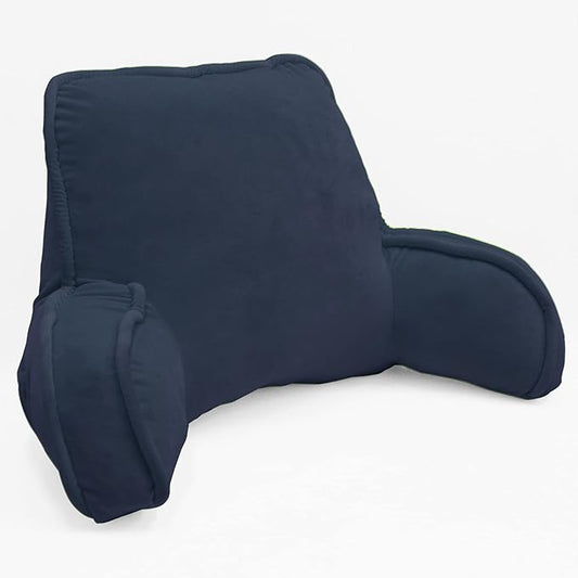 Super Soft Velvety Backrest Reading Bed Rest Pillow with Arms and Pockets 18" H for Sitting in Bed Couch Sofa, Back Support Wedge Cushion with Removable Cover, 20" x 18" x17", Navy