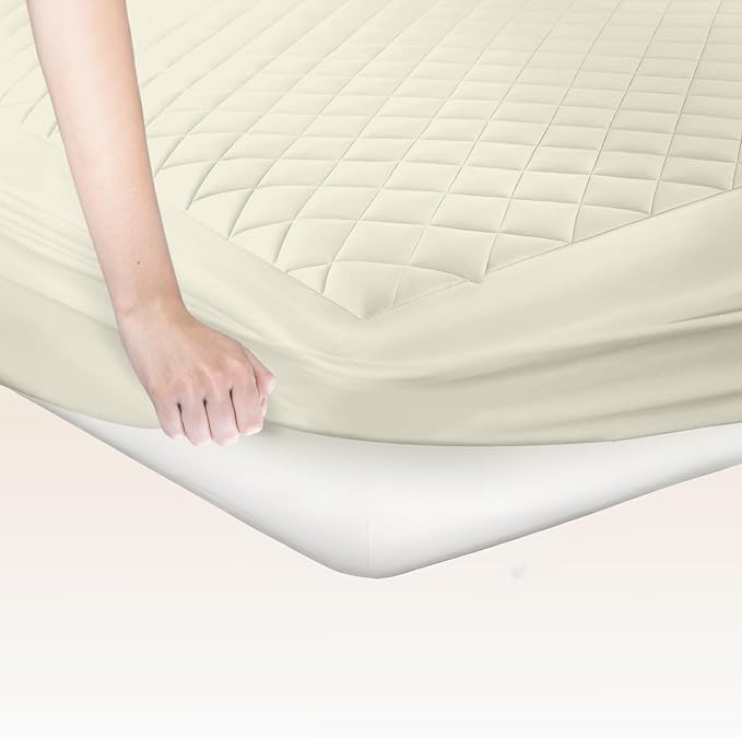 Premium Quilted Mattress Pad – 300GSM Thick with Deep Pocket Fitted Mattress Cover – 100% Cotton Mattress Topper (Ivory, California King)