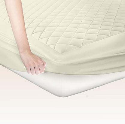 Premium Quilted Mattress Pad – 300GSM Thick with Deep Pocket Fitted Mattress Cover – 100% Cotton Organic Mattress Topper (Ivory, Queen)
