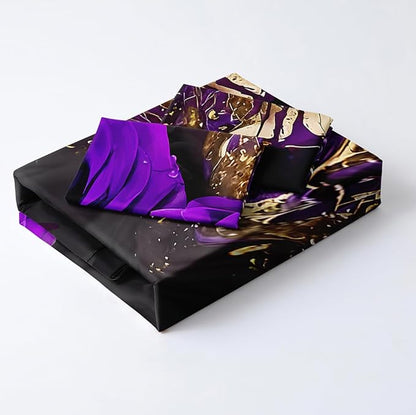 Golden Skull and Purple Roses King Size Duvet Cover Set Flowers Comforter-Cover and Pillowcases Black Background Gothic and Florals Print Bedding Set Bedroom Decor