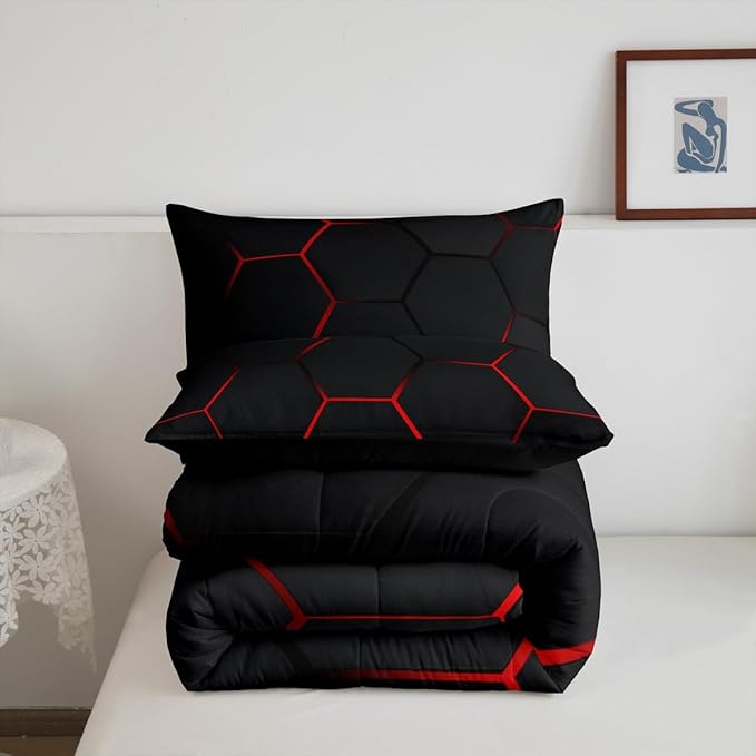 Feelyou Honeycomb Bedding Set Honeycomb Modern Hexagon Theme Comforter Set for Kids Boys Children Geometrical Comforter Ultra Soft Beehive Black Red Decor Duvet Set Full Size