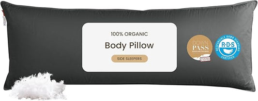 Goose Down Body Pillows for Adults, Large Body Pillow for Side Sleeper, Hugging Feather Body Pillow Insert, Cooling Full Length Long Pillow for Bed with 100% Organic Cotton Shell, Black 20"x72"