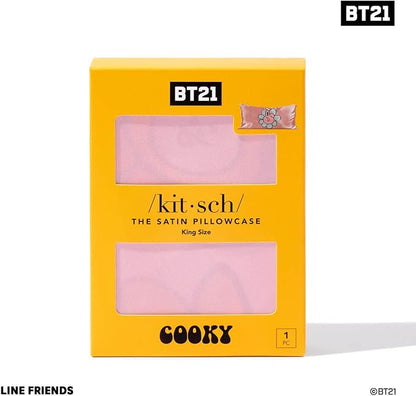 Kitsch x BT21 Satin Pillowcase with Zipper – Better Than Silk Pillowcase, Cooky Character & Funky Floral Print – Soft Cooling Toddler Bed Time Pillow Case for Hair & Skin – King Size 19x36