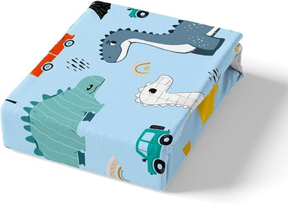 Cute Car Kids Bedding Set King Size for Teens,Kawaii Dino Colorful Wild Animal Comforter Cover with 2 Pillowcases,Cartoon Dinosaur Rainbow Sketch Blue Duvet Cover Set Microfiber Quilt Cover