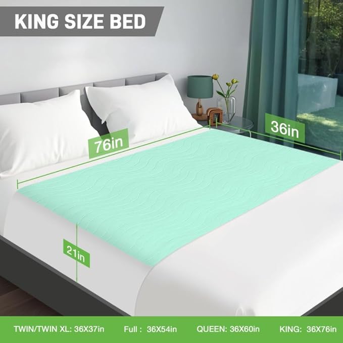 Bed Pads Washable Waterproof for Incontinence Adults, Reusable Wetting Pad Mattress Protector Underpads Tuckable Quick Dry, Fits King Size Bed, 36" x 76", Green