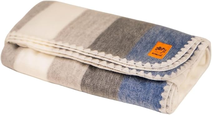 Alpaca Wool Blanket - Queen Size Bed Blanket - Best Gift & Warm Throw, Lightweight, Couch or Camp- Outdoor - 87 x 64 inches (Gray & Blue)