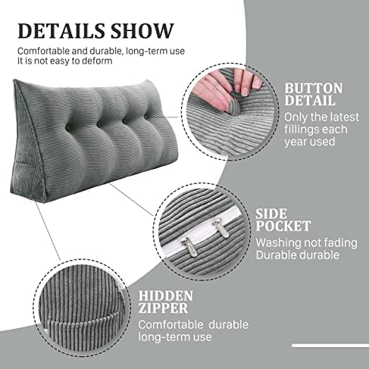Wedge Headboard Pillow Dorm Room Reading Pillow Back Support for Sitting Up in Bed Bolster Lumbar Cushion Body Positioning Bedrest Corduroy (Dark Gray, Full (54 * 8 * 20in))