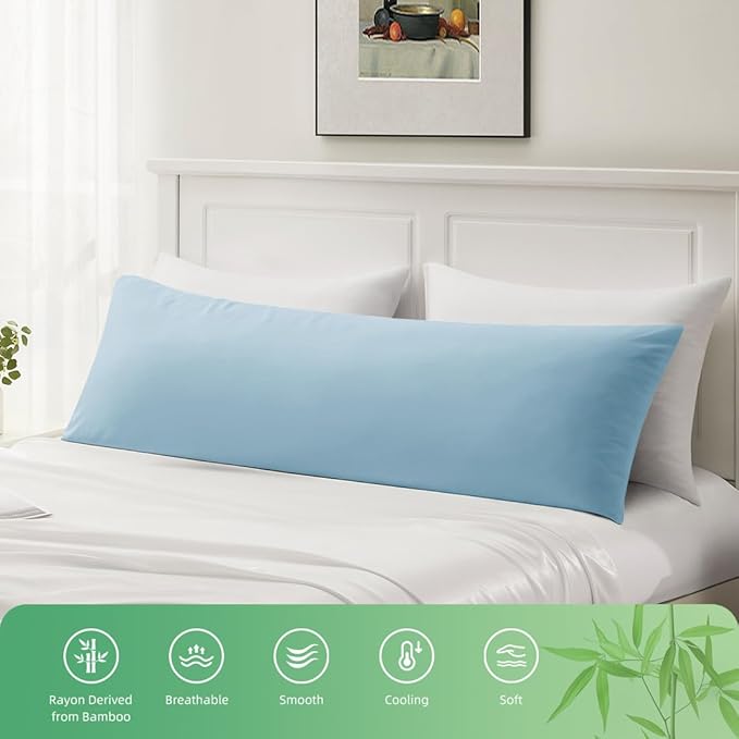 Body Pillowcase, Cooling Viscose from Bamboo Pillow Cover with Zipper Closure, Soft Moisture-Wicking for Hot Sleepers, Hair and Skin-Friendly, Aqua Blue, 1 Pack