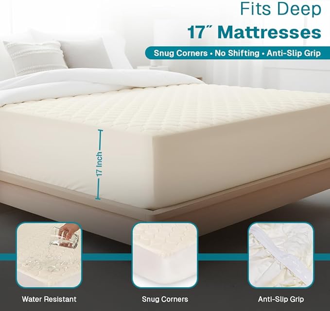 FABDREAMS Organic Quilted Mattress Protector Queen Size | Mattress Pad| Mattress Cover| Naturally Breathable | Noiseless| Fits up to 17" Deep Pocket| Temperature Regulating | Ivory