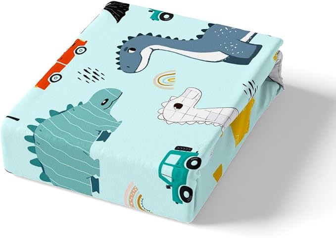 Cute Car Kids Duvet Cover Queen Size,Cartoon Dinosaur Rainbow Sketch Blue Duvet Cover Set for Children Adult,Kawaii Dino Colorful Wild Animal Soft Comforter Cover for Dorm Room, Zipper, Ties