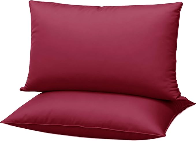 Flat Ultra Thin Bed Pillows Standard Size Pillow Set of 2 Extra Soft Down Alternative for Stomach Side Back Sleeper Burgundy 20x26inches
