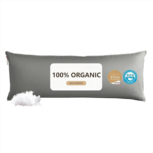 Goose Down Body Pillows for Adults, Large Body Pillow for Side Sleeper, Hugging Feather Body Pillow Insert, Cooling Full Length Long Pillow for Bed with 100% Organic Cotton Shell, (Dark Grey 20"x54")